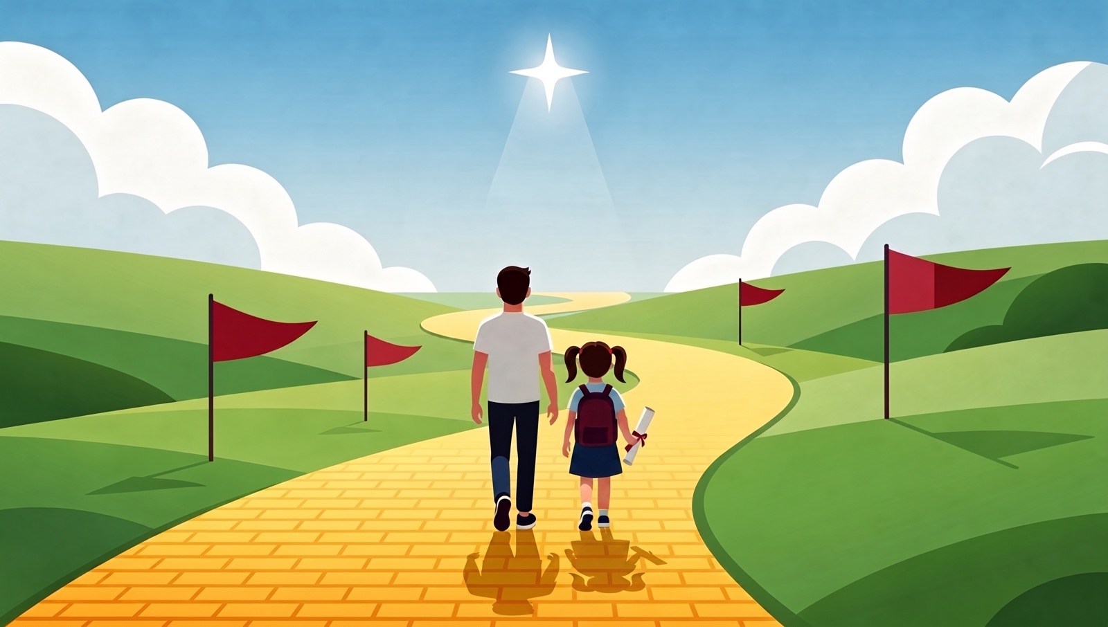 A parent and student walking a golden brick road through evening hills toward a bright star