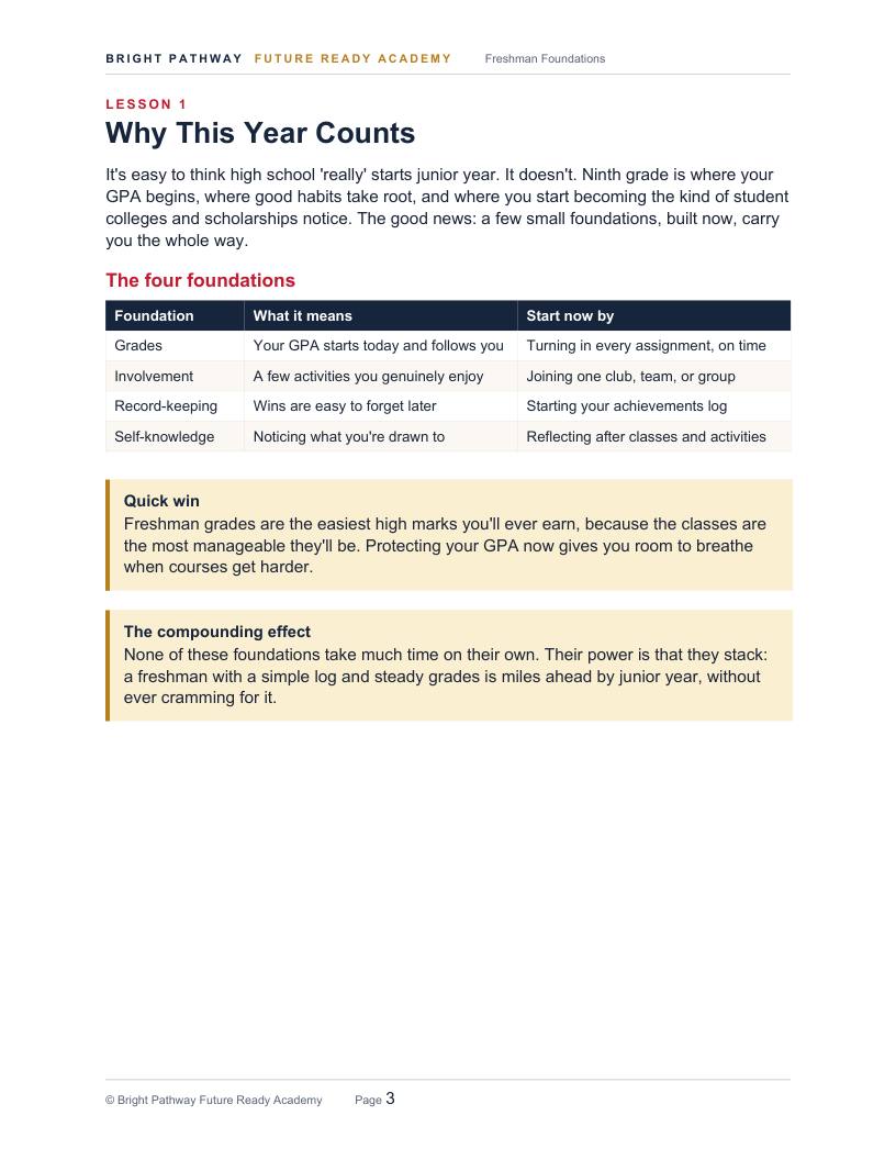 Freshman Foundations <span style='color:#B27A12'>&middot; 9th</span> — real page from the member library
