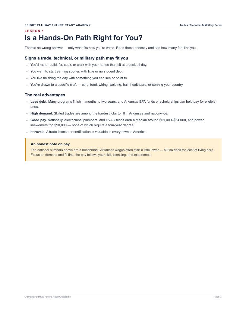 Trades, Technical & Military Paths — real page from the member library