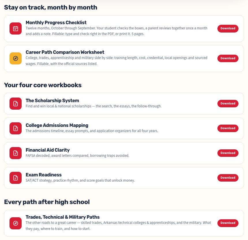 The Grade 11 member library on a computer: the welcome note, the Monthly Progress Checklist and the list of downloads with a Download button on each.